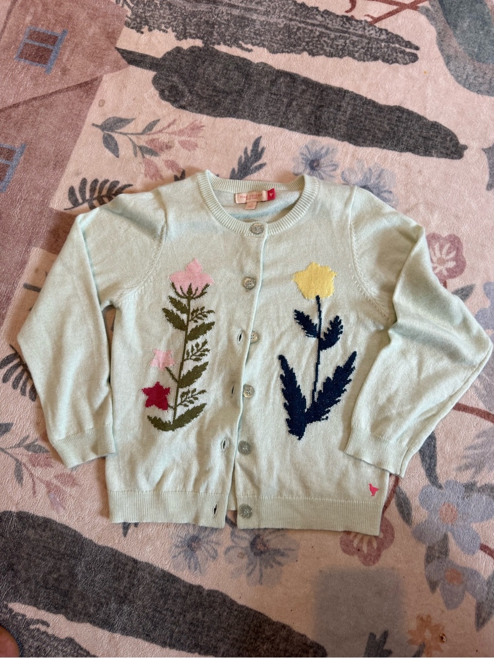 Pink Chicken Mint Floral Button-Up Cardigan with Pink, Yellow & Navy Flowers